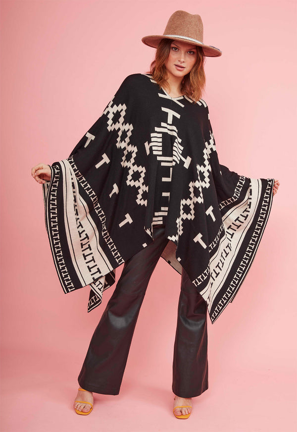JAQUARD WOOL PONCHO BLACK
