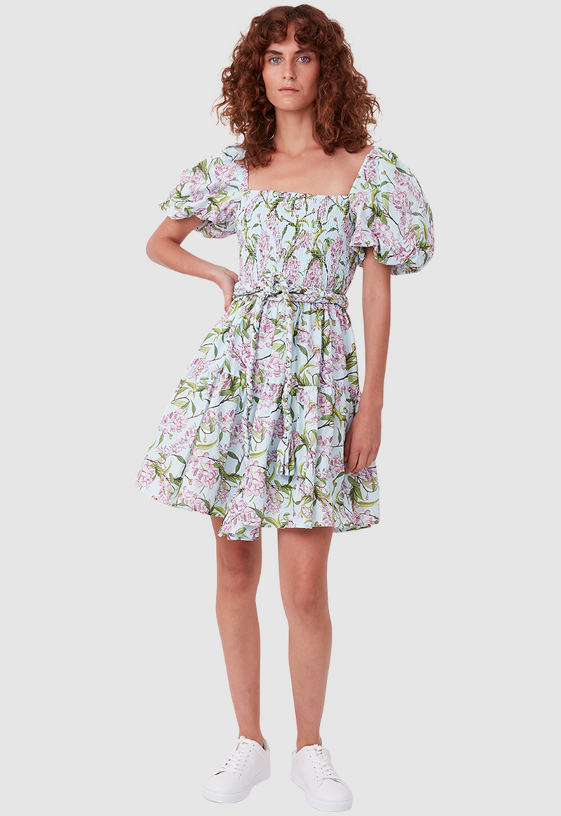 ALICE MINI DRESS WATERCOLOUR FLORAL AQUA