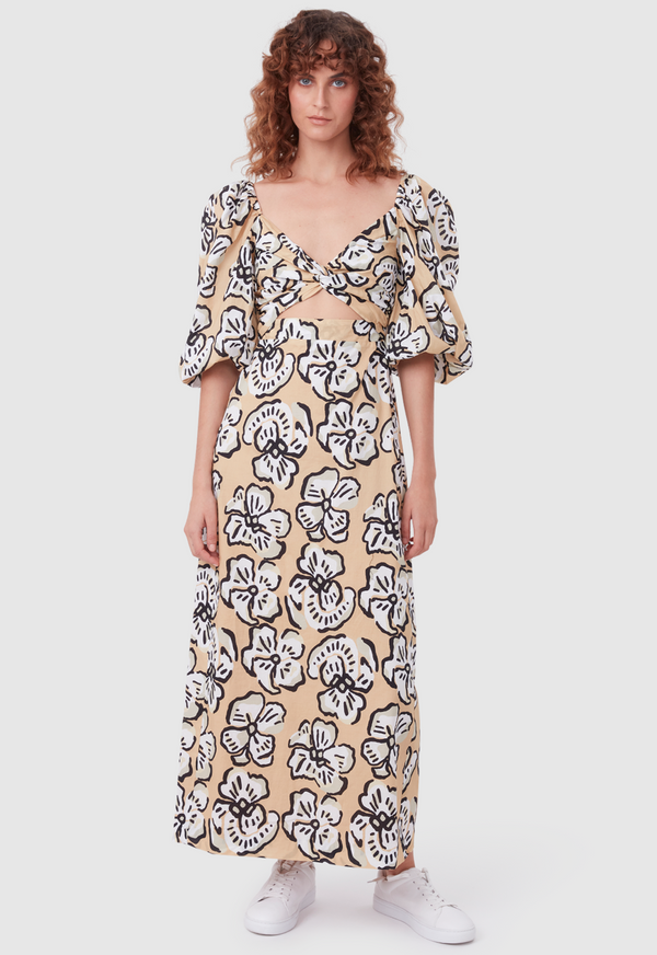 CUT OUT DRESS BOLD FLORAL BEIGE