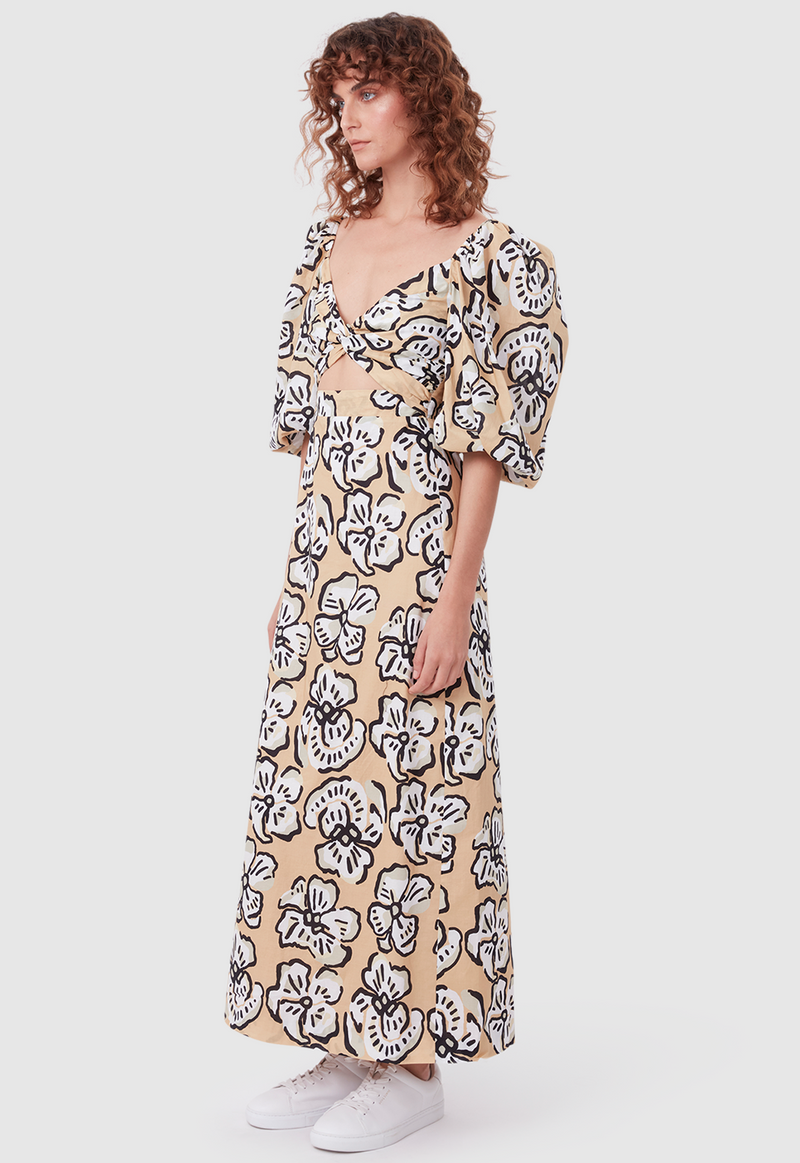 CUT OUT DRESS BOLD FLORAL BEIGE