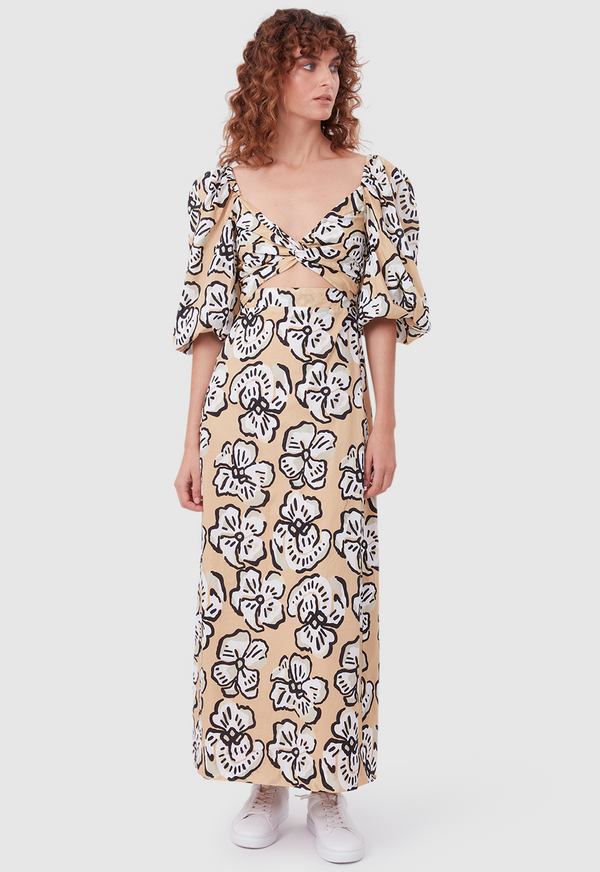 CUT OUT DRESS BOLD FLORAL BEIGE