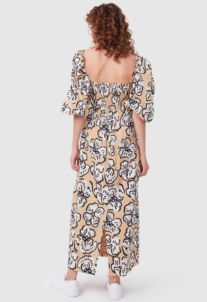 CUT OUT DRESS BOLD FLORAL BEIGE